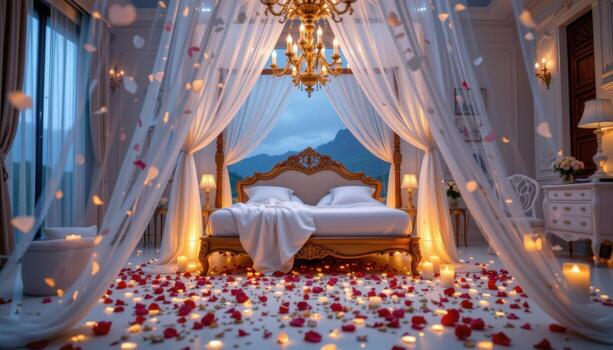 Bed decoration with flower petals and elegant fabrics